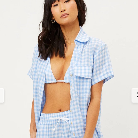 Frankie's Bikinis Tops - Frankies Bikinis Linen Lou Blue Plaid Button Up Top sz M